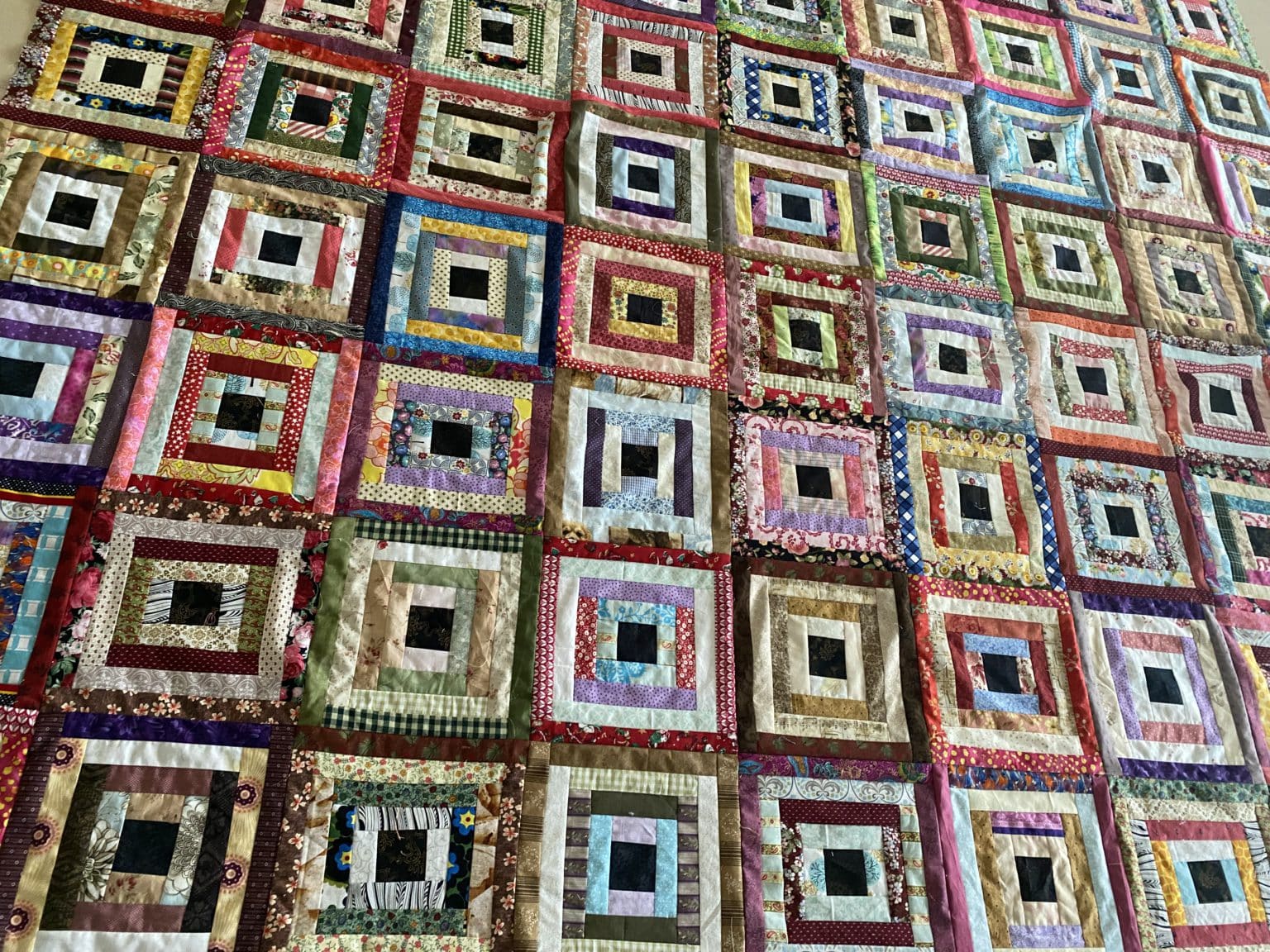 Scrappy Housetop Log Cabin Variation Quilt Top Vintage Inspired