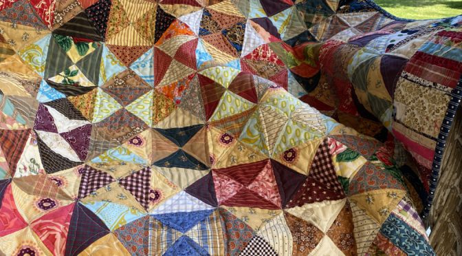 Sashiko Free Motion Quilting For Antique Inspired Scrappy Broken Dishes Lap or Cot Quilt