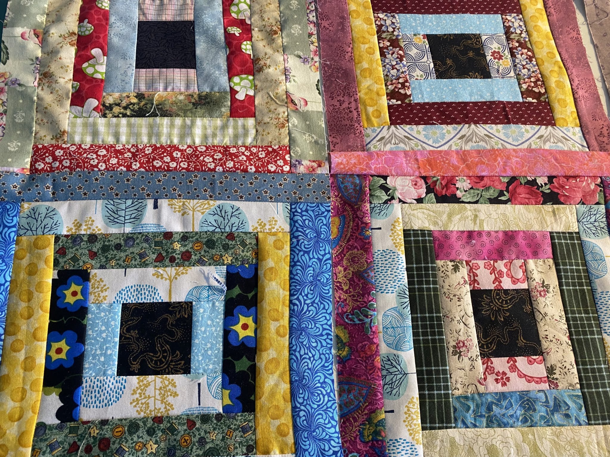 Scrappy Housetop Log Cabin Variation Quilt Top Vintage Inspired